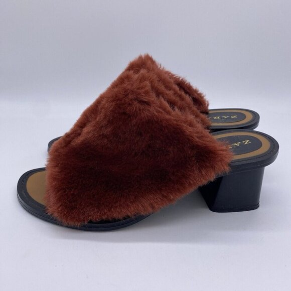 Zara Faux Fur Block Heel Mules Womens Size 38 Slip On Open Toe Sandals Burnt Red - Picture 5 of 12